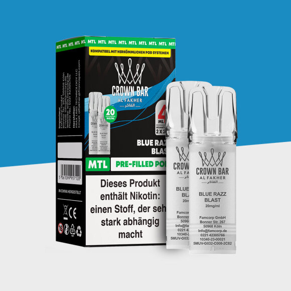 Al Fakher Crown Bar 600 &ndash; Blue Razz Blast &ndash; MTL - Pod (2er Pack)