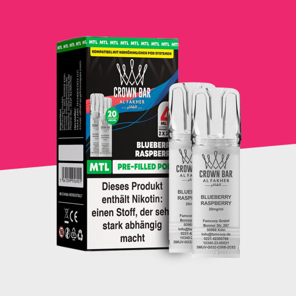 Al Fakher Crown Bar 600 &ndash; Blueberry Raspberry &ndash; MTL - Pod (2er Pack)